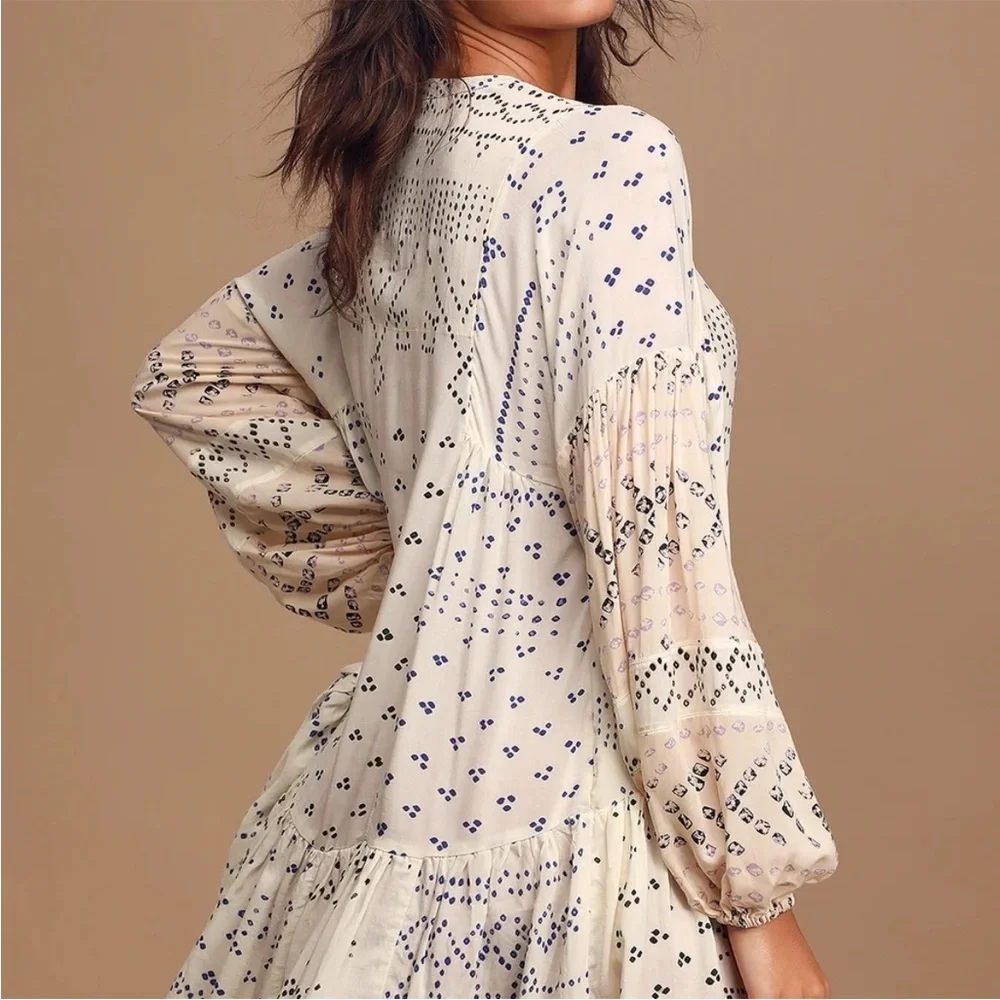 Free People Shibori Ivory Print Long Sleeve Button-Up Tunic Boho Festival XS